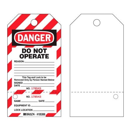 Brady Brady Danger Do Not Operate Locked Out Tag, Two-Part Tags With Stubs, Cardstock, 25/Pack WKT3